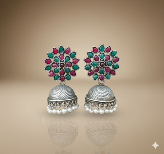 Floral Silver Replica Jhumkas