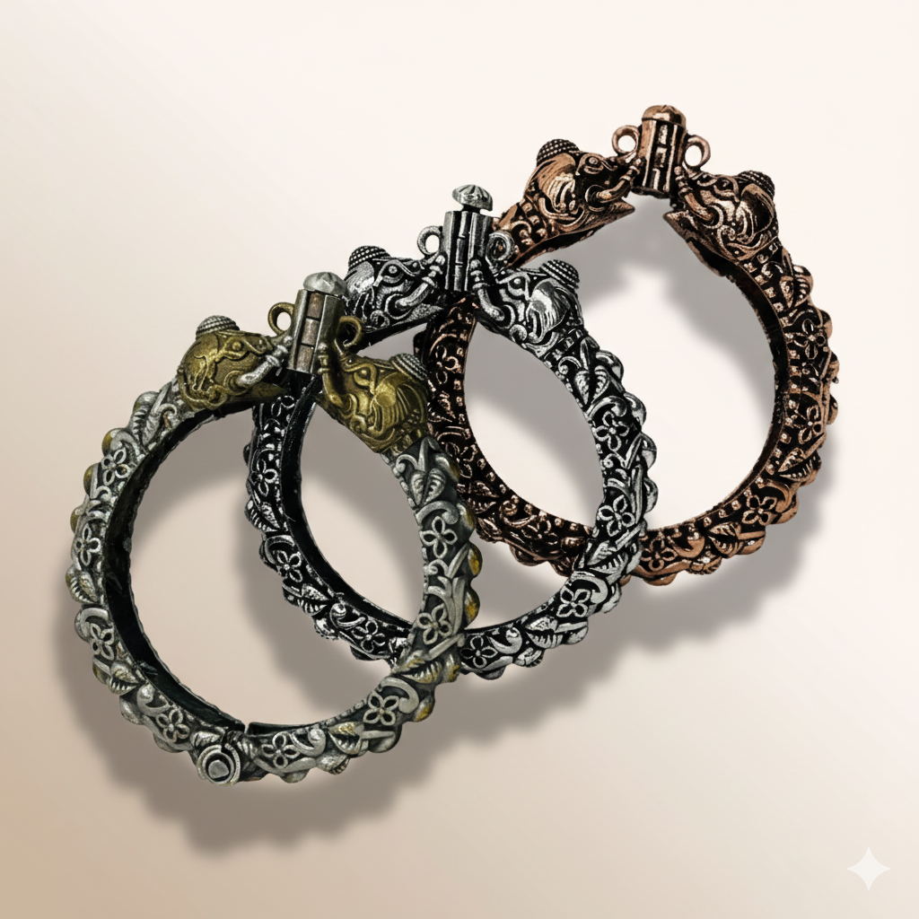 Silver Replica Oxidised Kada (Elephant Design)