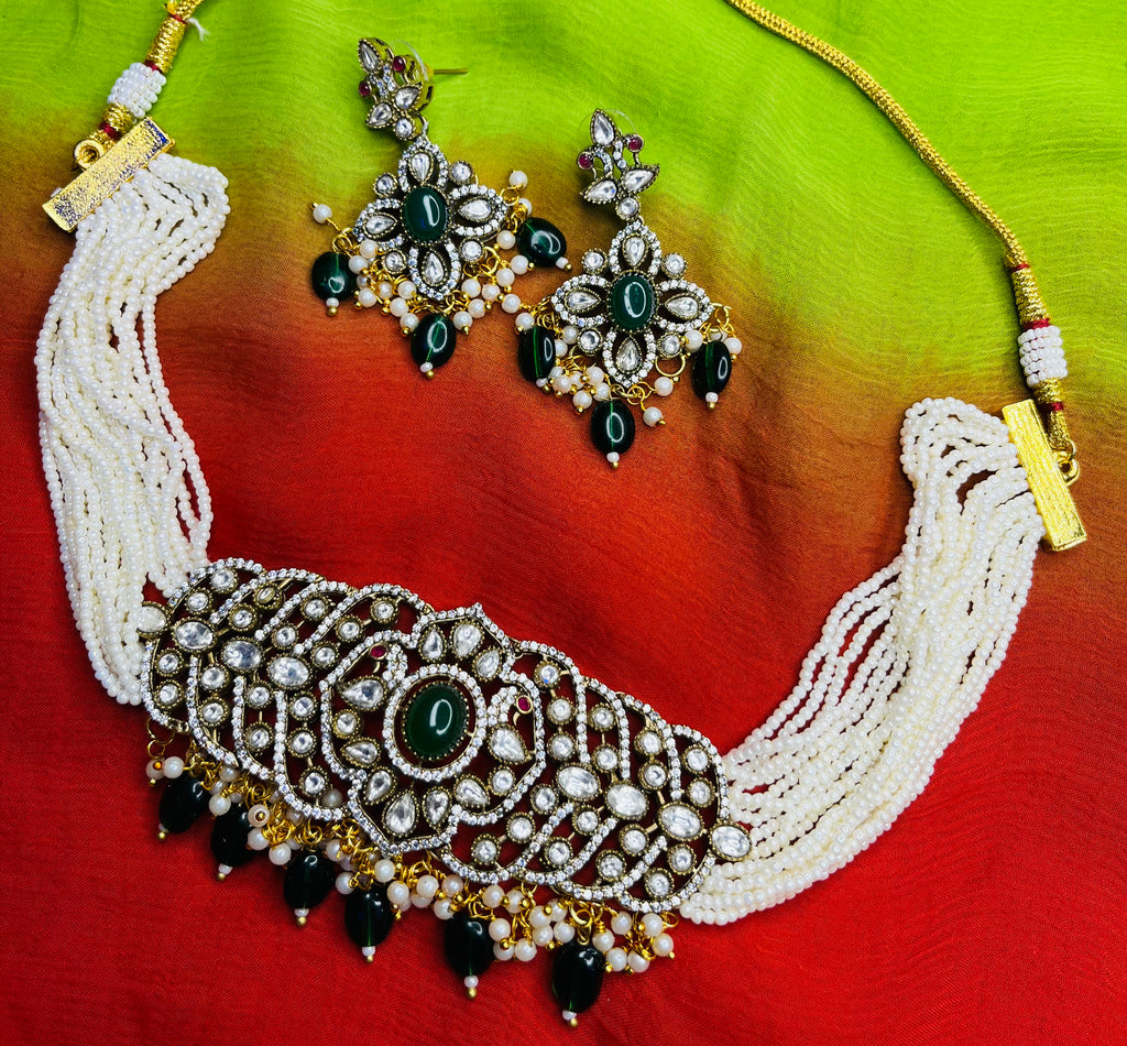 Kundan Polki Choker Set Green