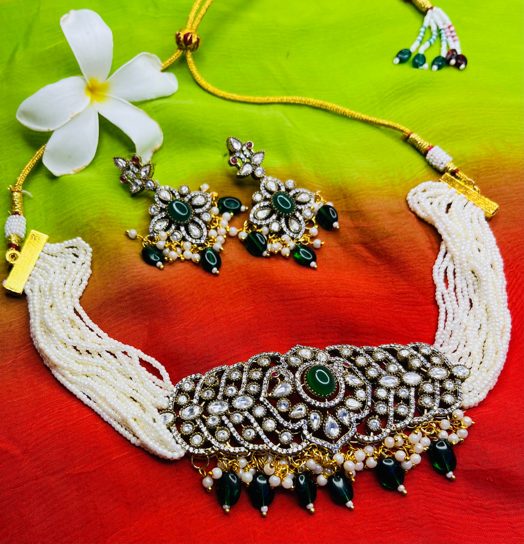 Kundan Polki Choker Set Green