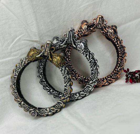 Silver Replica Oxidised Kada (Elephant Design)