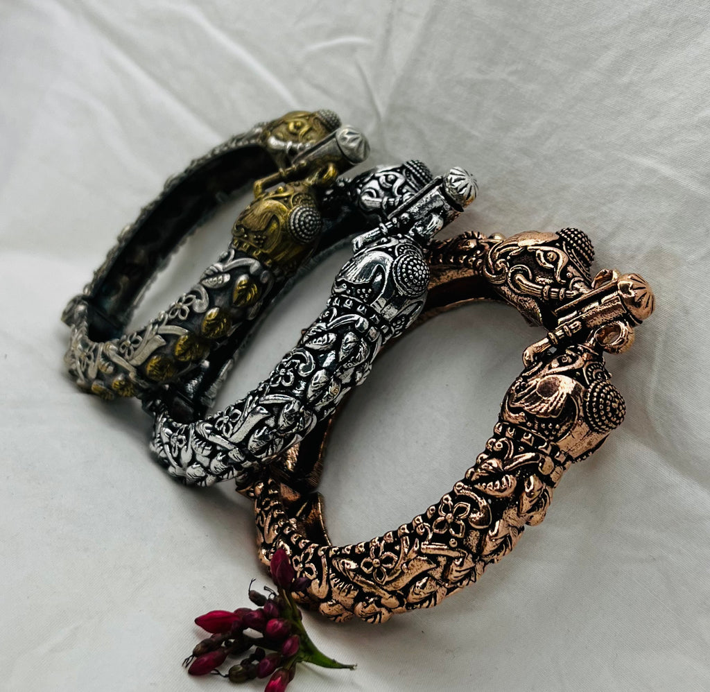 Silver Replica Oxidised Kada (Elephant Design)