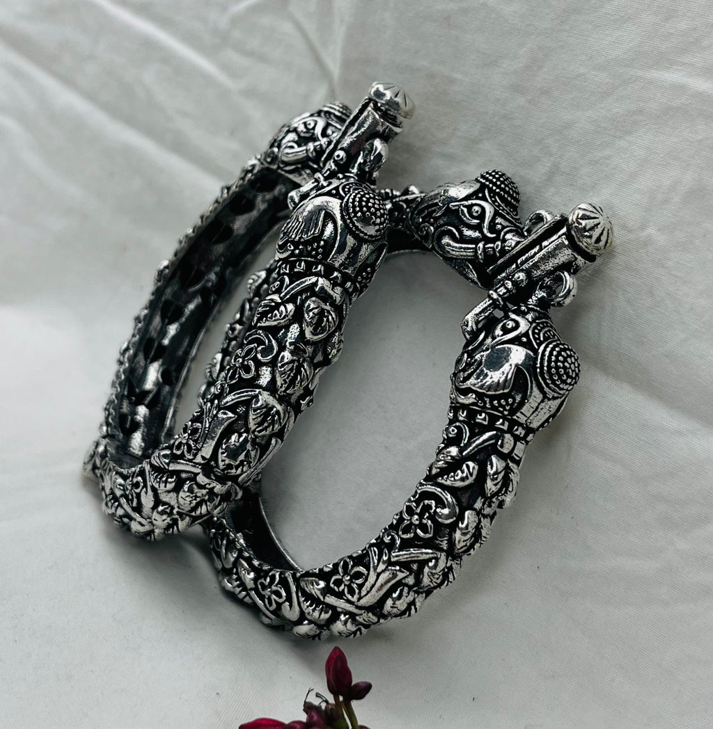 Silver Replica Oxidised Kada (Elephant Design)
