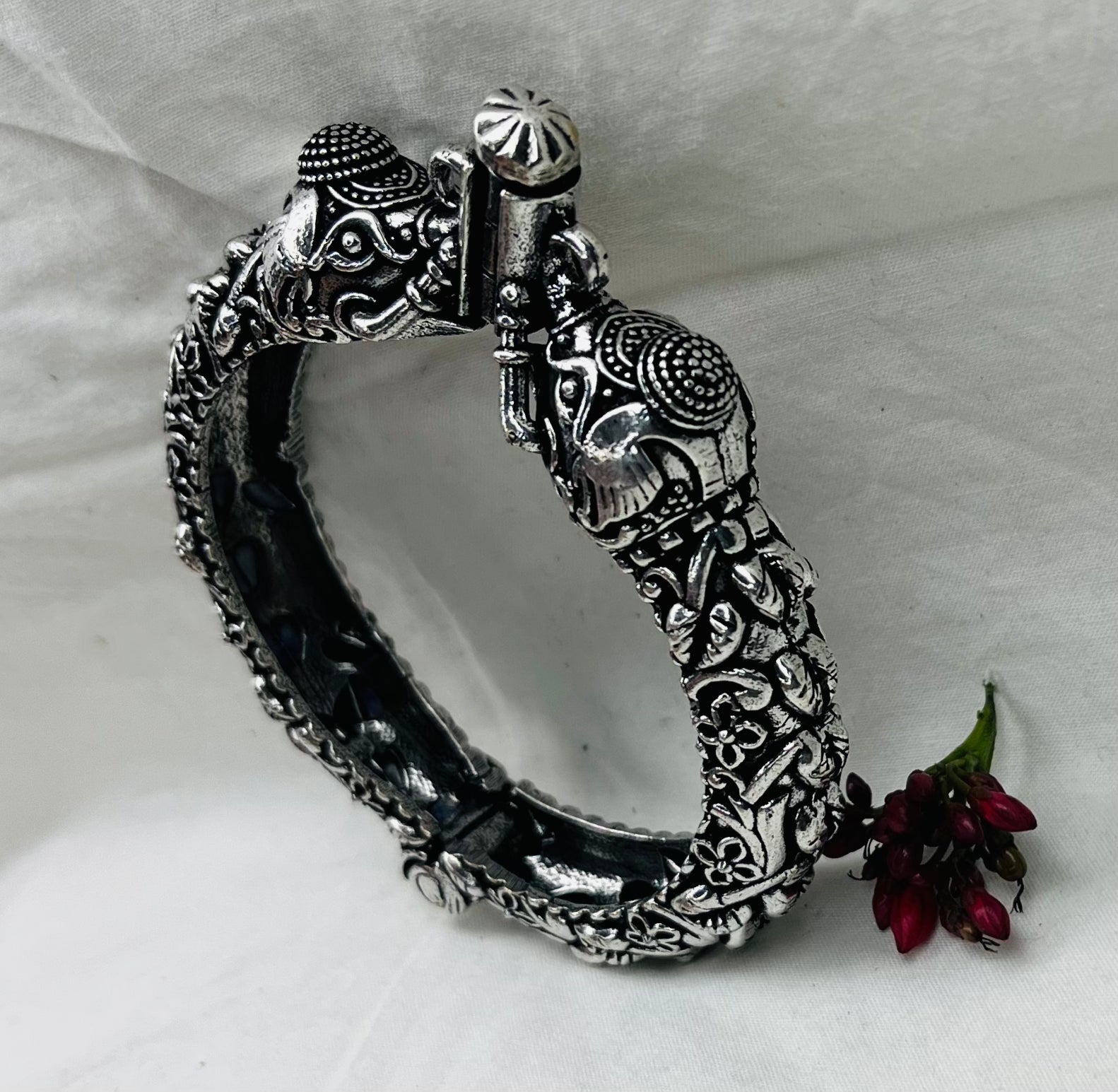 Silver Replica Oxidised Kada (Elephant Design)