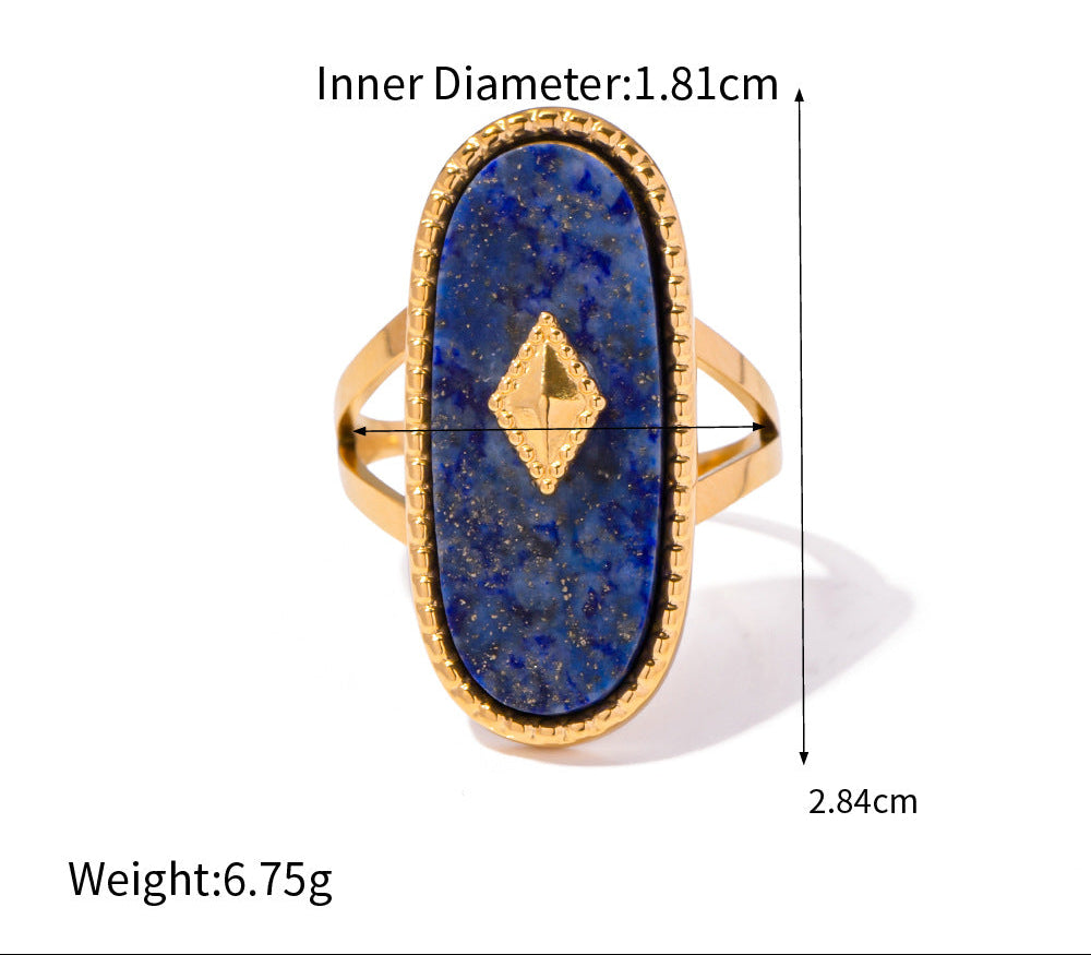 Gold ring with blue stone and gold accent, showing measurements and weight on a white background.