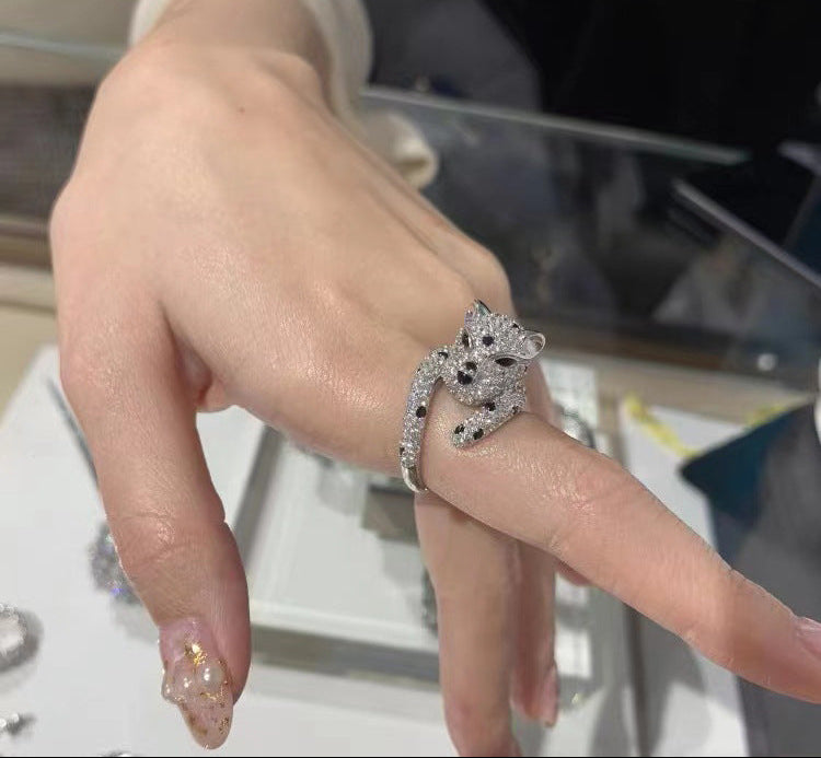 Hand wearing a silver ring with a detailed design, blurred background