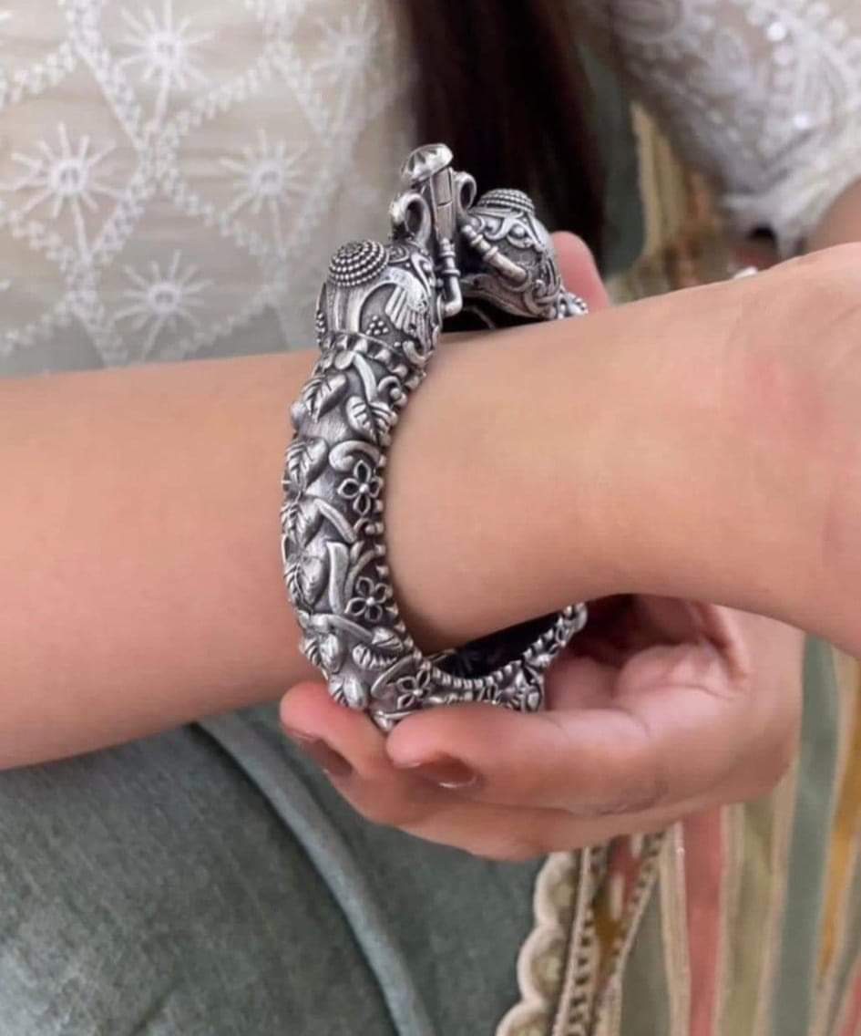 Silver Replica Oxidised Kada (Elephant Design)